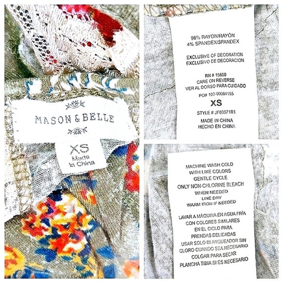 Mason & Belle Green Lace Trim Top Short Sleeve Boho Floral V-Back Size XS - Picture 7 of 7